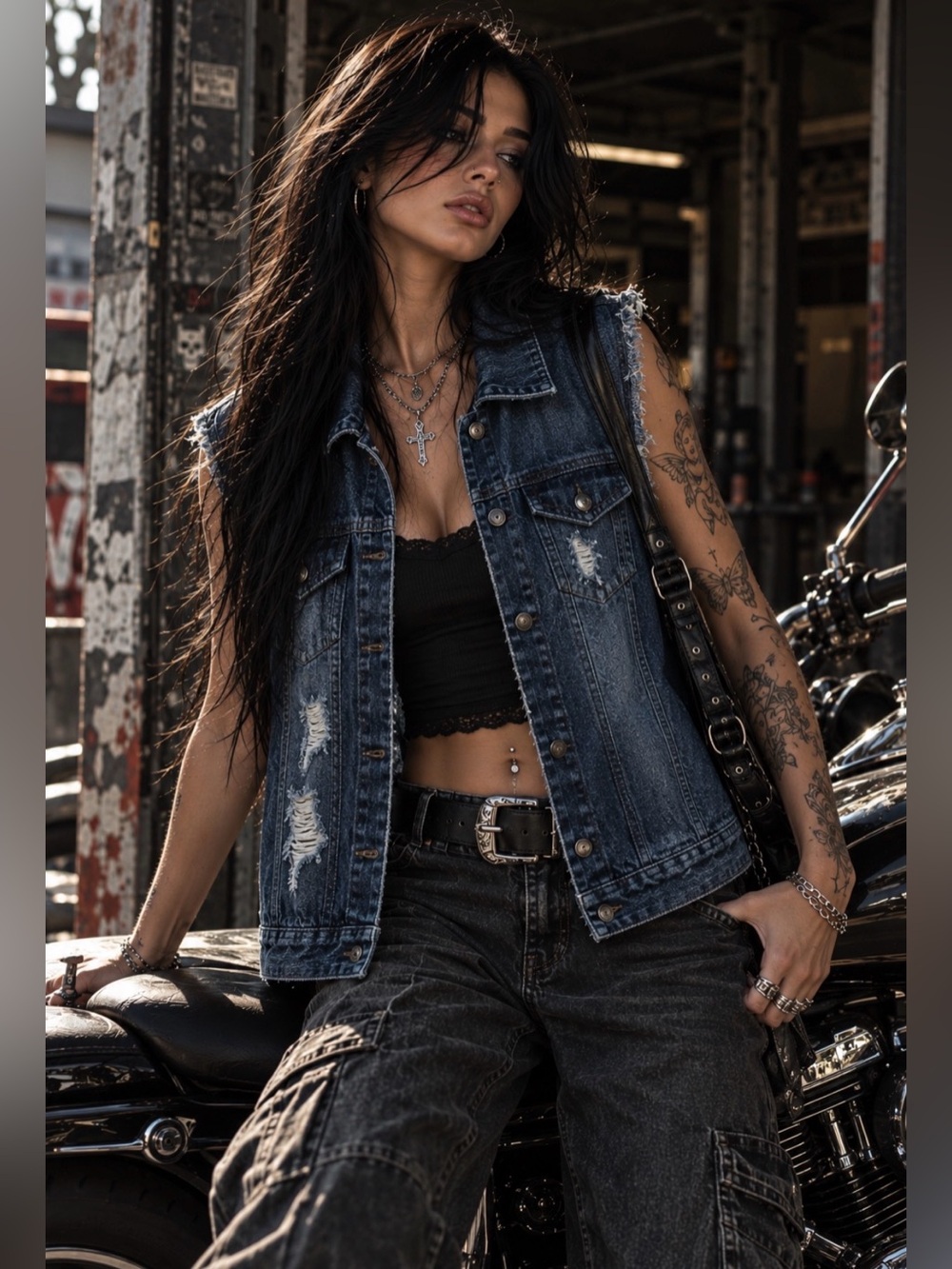 Rude Distressed Denim Vest Oversized Ripped Grunge Y2K Biker
